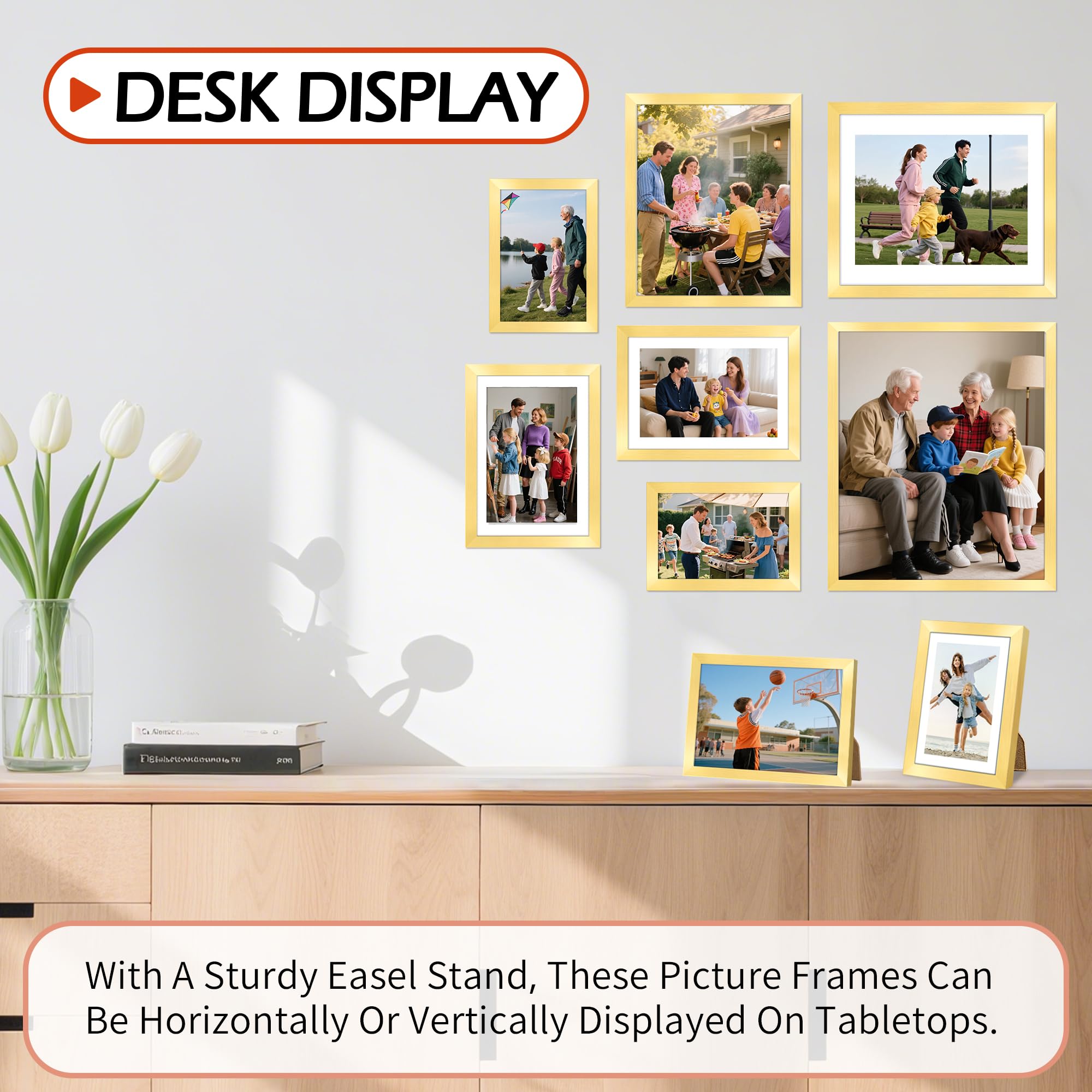 HOMERHYME 5x7 Picture Frames 8 Pack, Gold Frames for Wall or Tabletop Display, Photo Frame Collage with HD Plexiglass for Home O